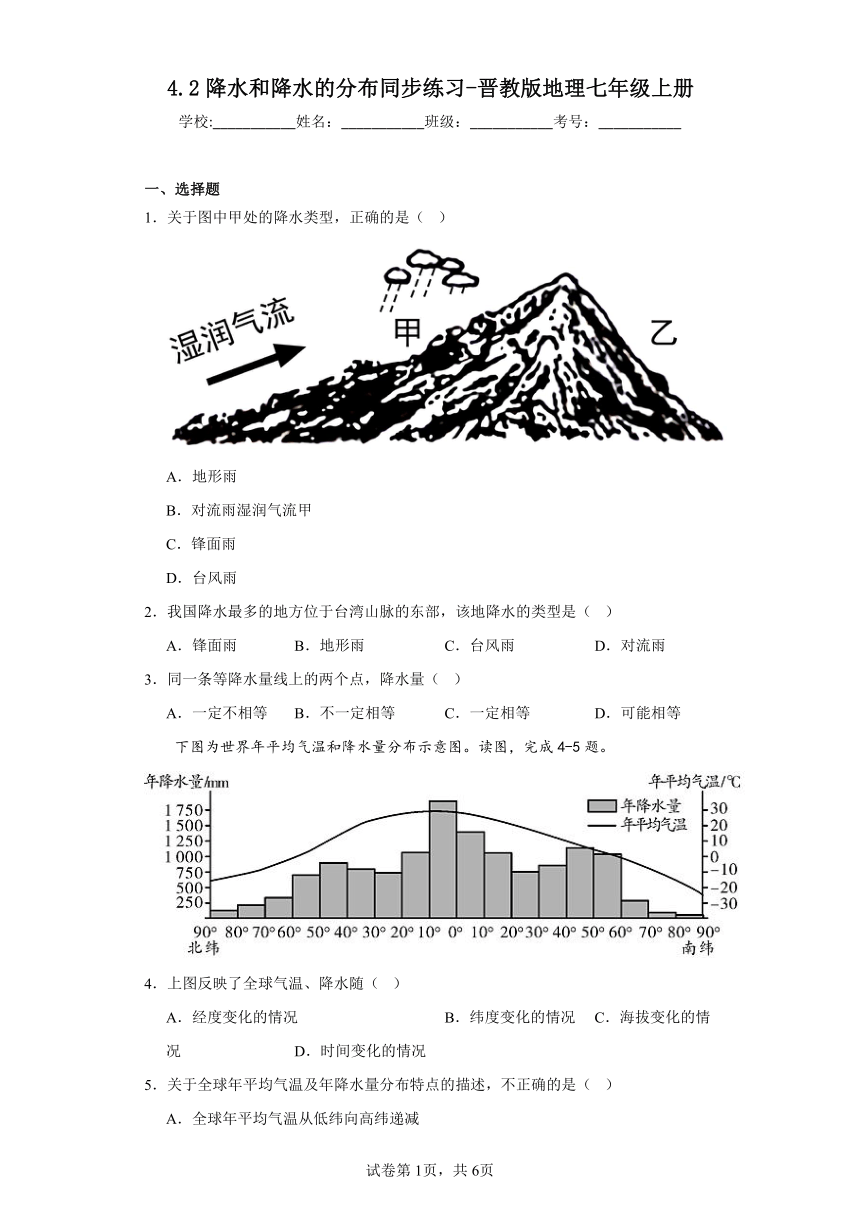 4.2降水和降水的分布同步练习（含答案）晋教版地理七年级上册