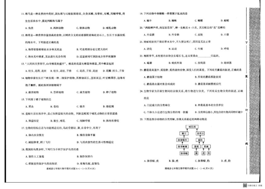 陕西省渭南市蒲城县2022-2023学年七年级下学期期末生物（PDF版含答案）
