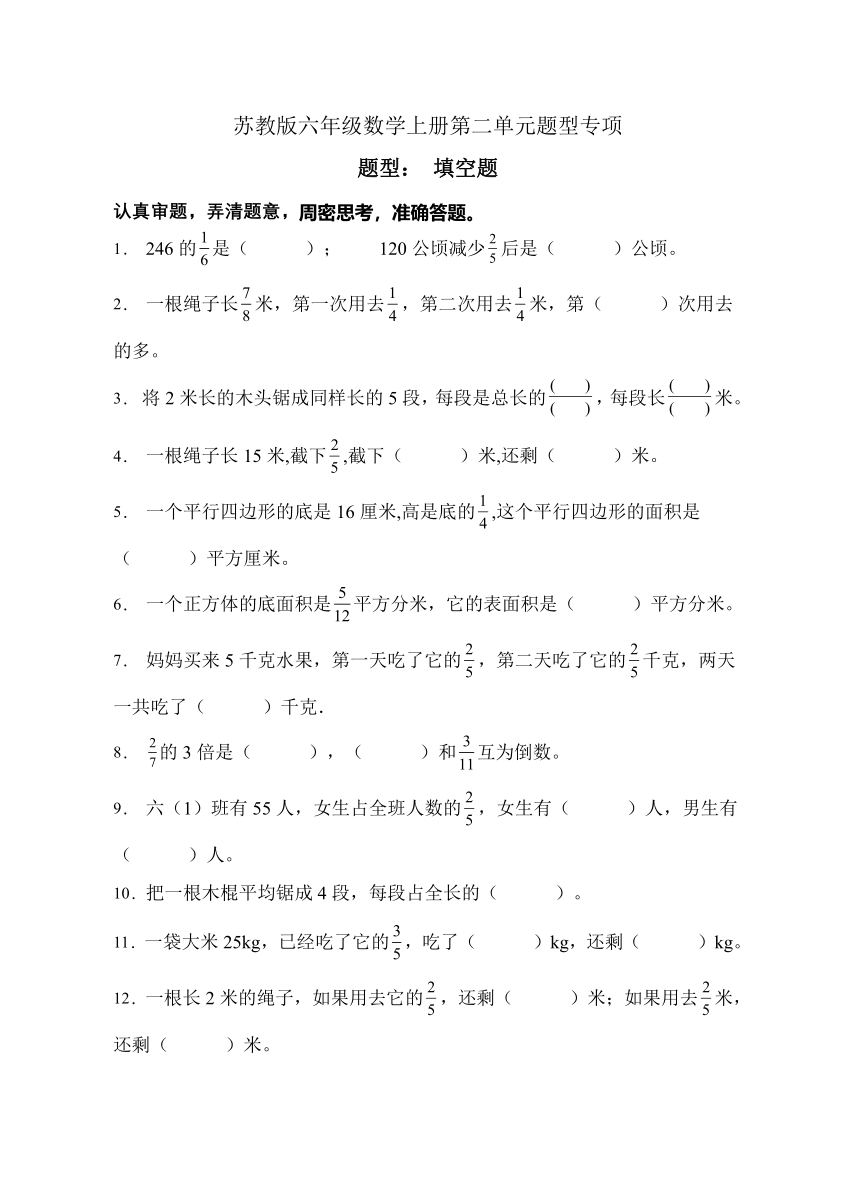 苏教版六年级数学上册第二单元专项复习-填空题（B卷有答案）