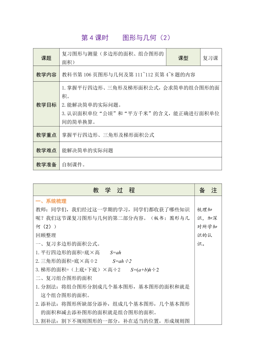 北师大版数学五年级上册 图形与几何（2） (表格式教案)