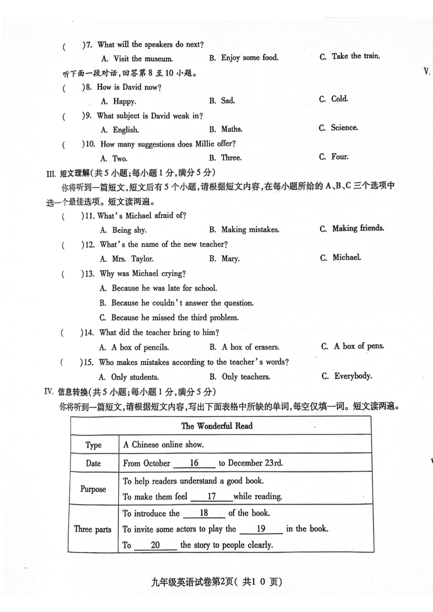 安徽省蚌埠市G5教研联盟2023-2024学年九年级下学期3月份调研考试英语试卷（PDF版，无答案）