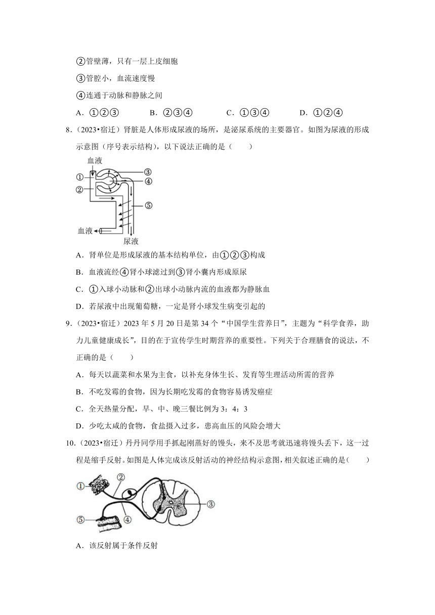 专题4人体的系统——2022-2023年江苏省中考生物试题分类（含解析）