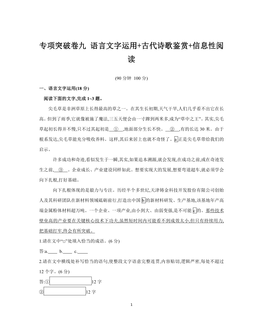 2024年高考语文二轮复习专项突破卷九 语言文字运用+古代诗歌鉴赏+信息性阅读（含答案）