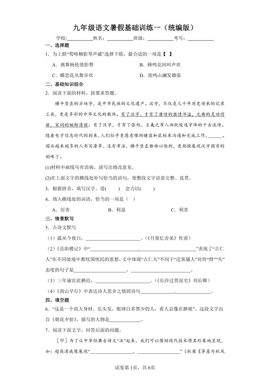 九年级语文暑假基础训练2（统编版）（含答案）