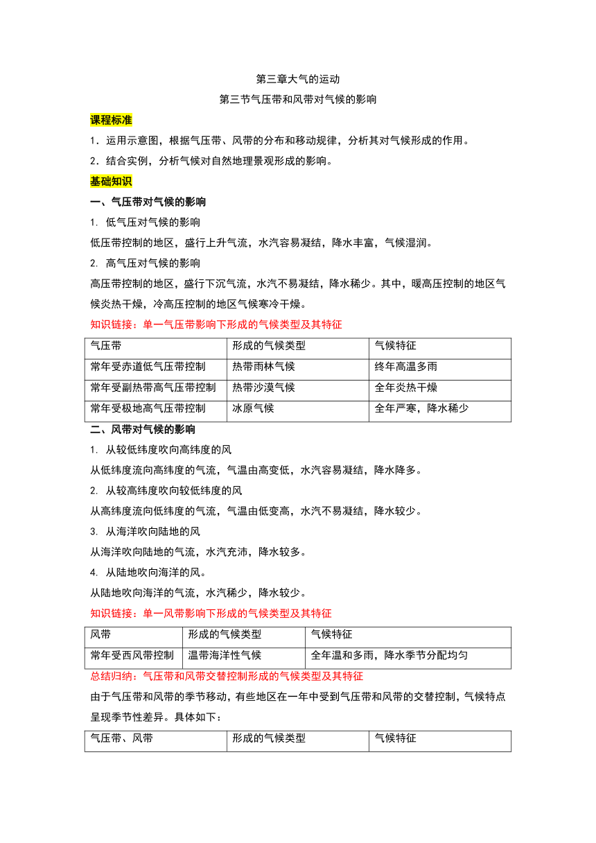 3.3 气压带和风带对气候的影响 讲义 人教版（2019）高中地理选择性必修第一册（含解析）