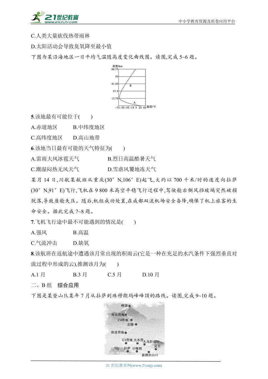 2024浙江专版新教材地理高考第一轮基础练--考点分层练21　大气的组成与垂直分层（含解析）