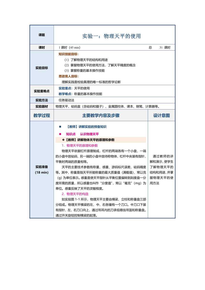 实验一：物理天平的使用（教案）（表格式）中职《物理（上册）》（上海交通大学出版社）