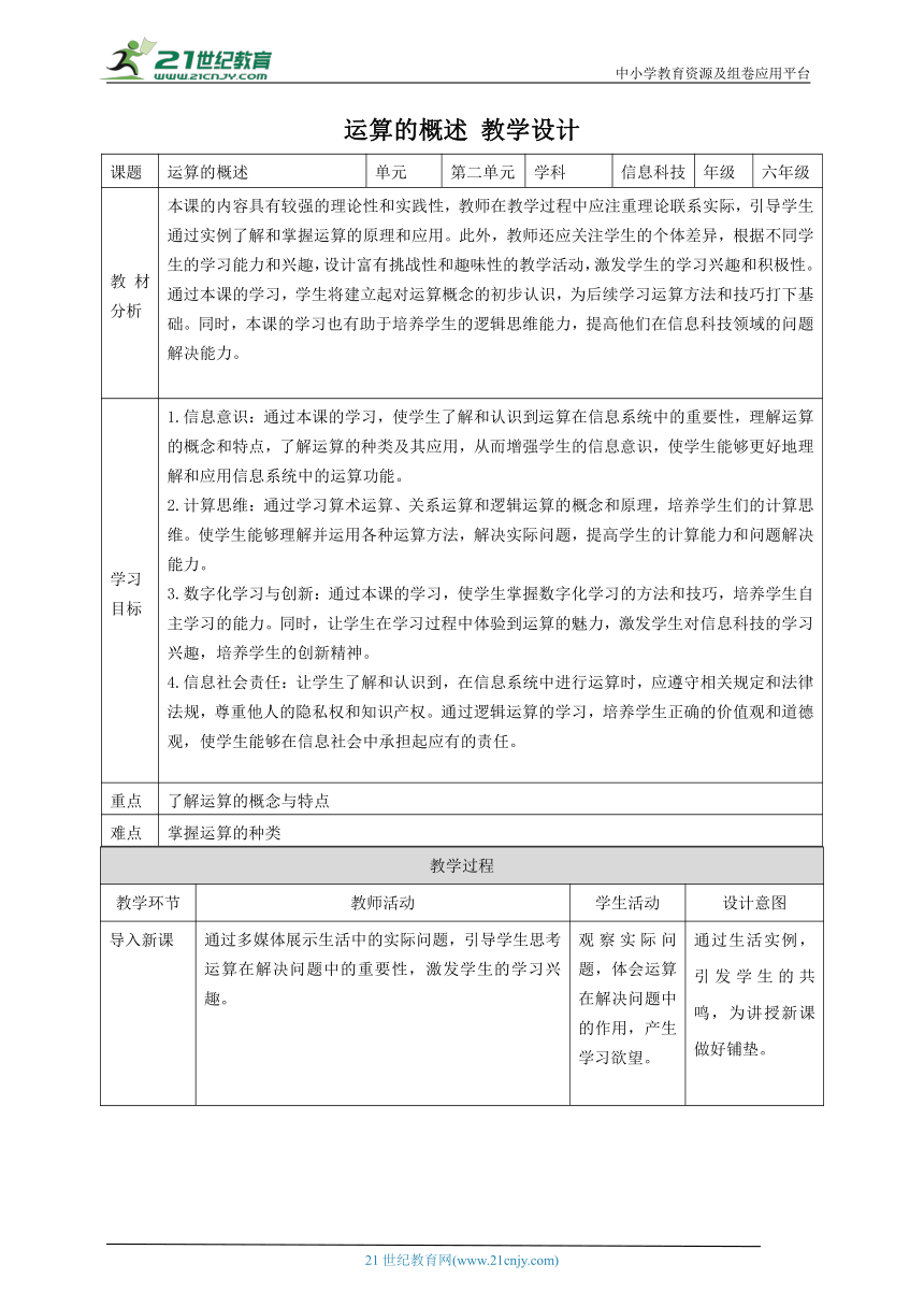 第6课 运算的概述 教案2 六下信息科技 赣科学技术版