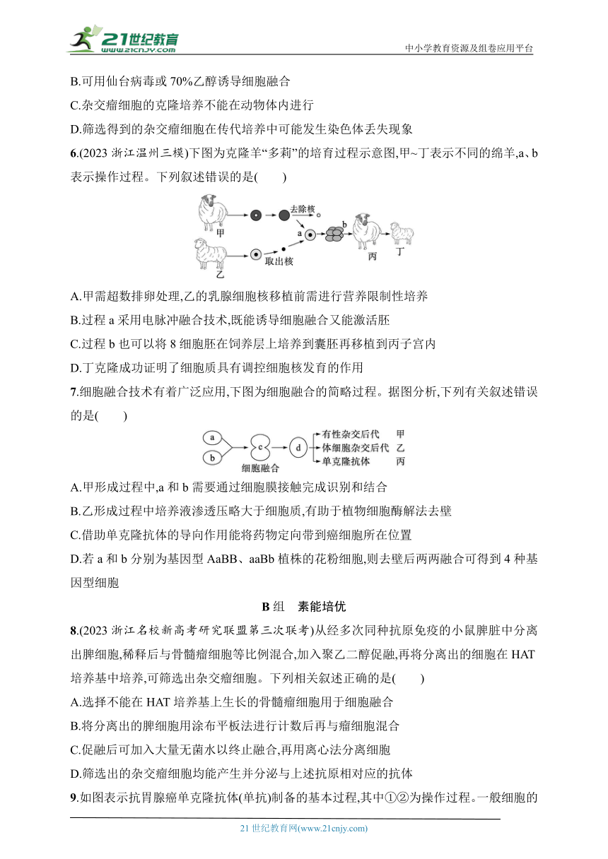 2025浙科版新教材生物学高考第一轮基础练--作业56　核移植及细胞融合技术（含解析）