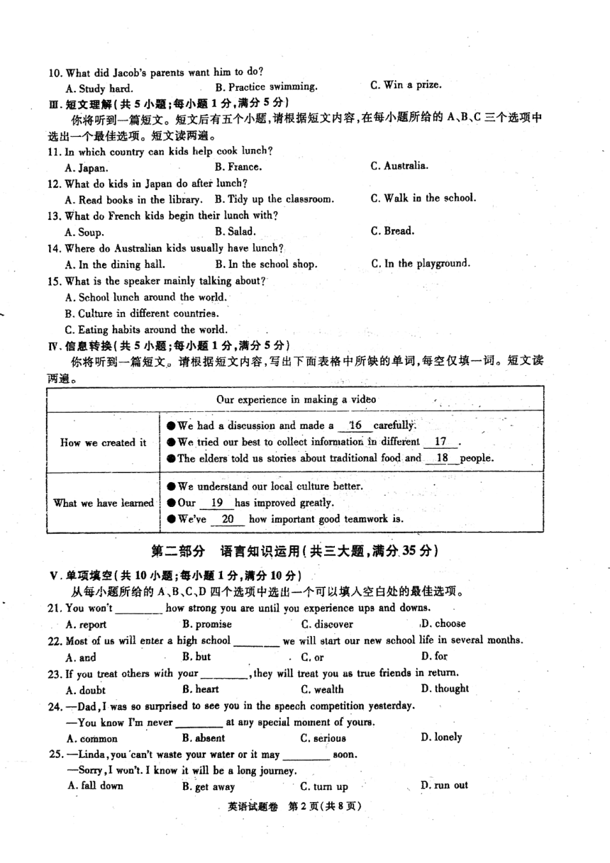2024年安徽省阜阳市名校联盟九年级一模英语试卷（PDF版，无答案，无听力音频及原文）