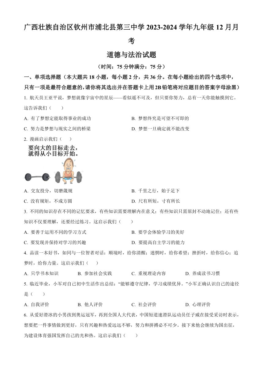 广西壮族自治区钦州市浦北县第三中学2023-2024学年九年级上学期12月月考道德与法治试题（含答案）