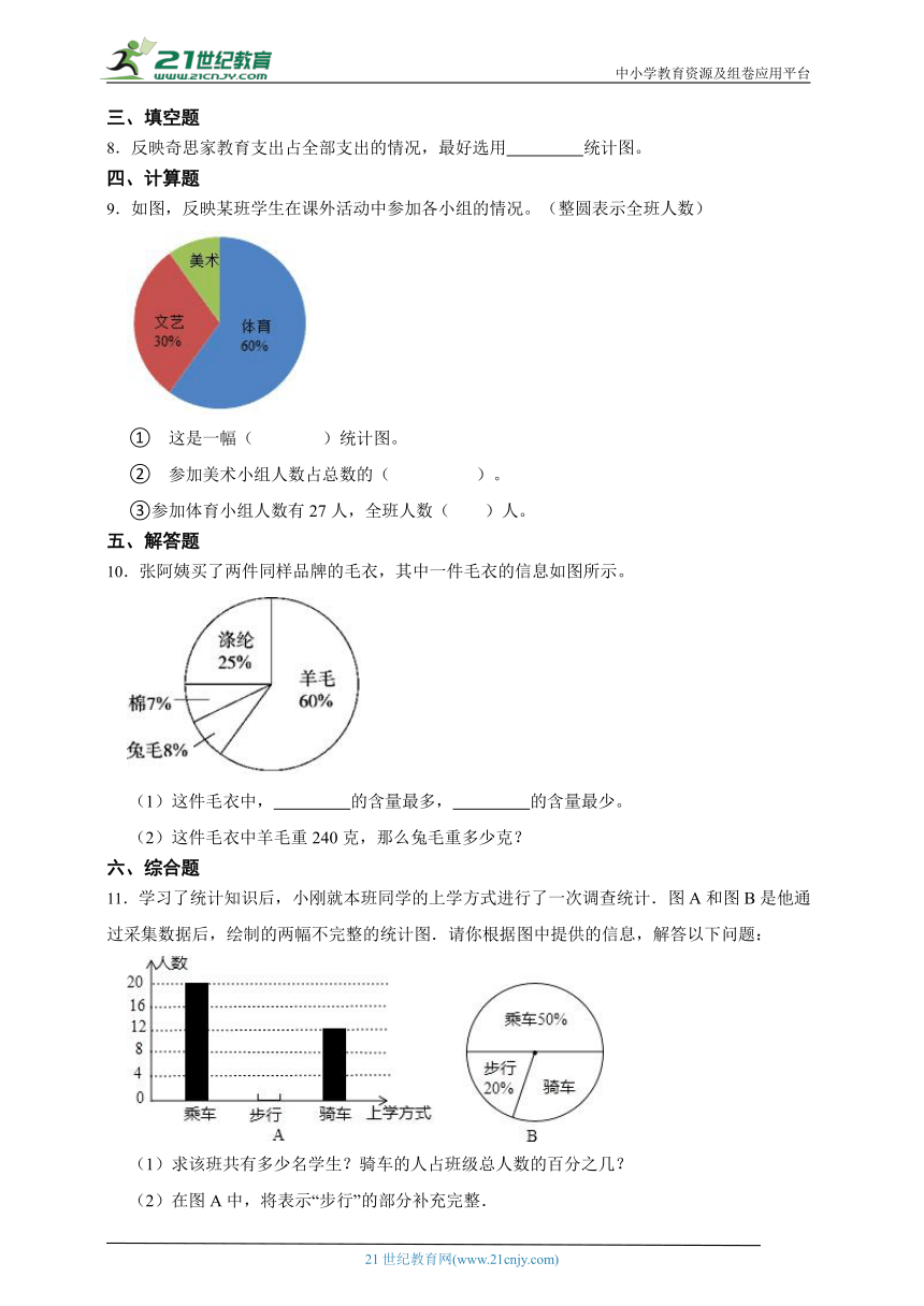 人教版六年级上册7 扇形统计图一课一练（含答案）