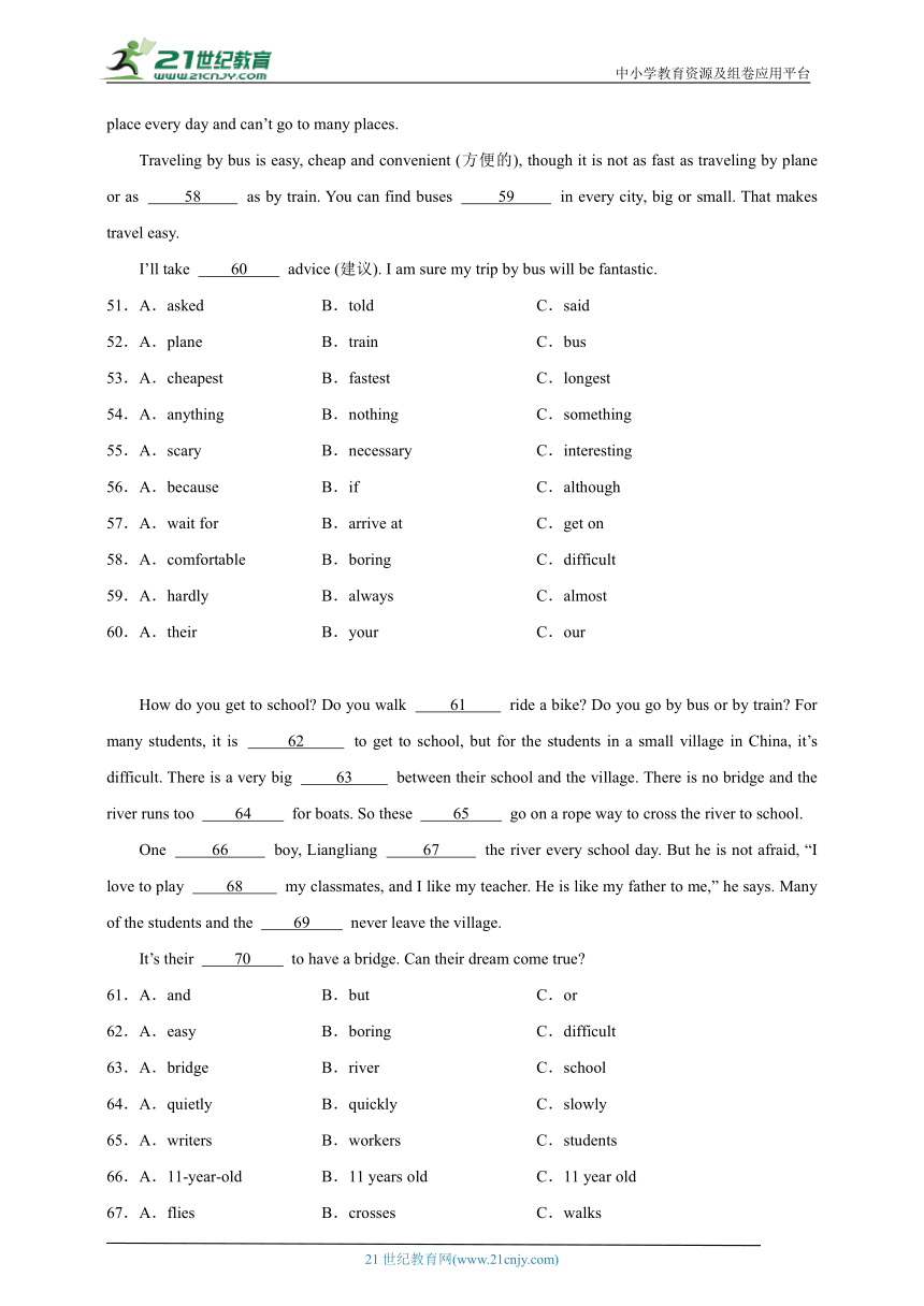 Module 4 Planes, ships and trains .  完形填空专练（含解析）外研版版英语八年级上册