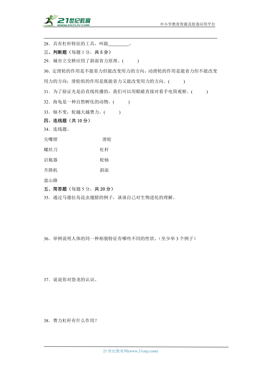 粤教版六年级上册科学期末试题（含答案）