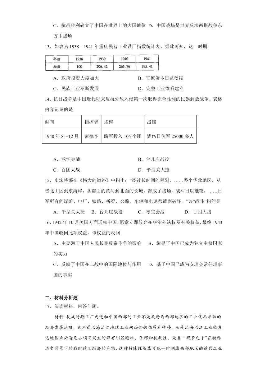 第23课 全民族浴血奋战与抗日战争的胜利 测试题（含答案解析）2023-2024学年高中统编版（2019）必修中外历史纲要上册