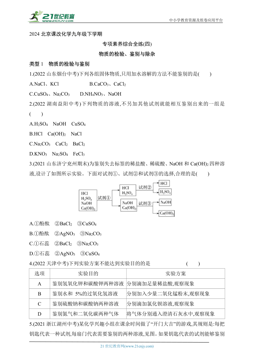 2024北京课改化学九年级下学期课时练--专项素养综合全练（四）   物质的检验、鉴别与除杂