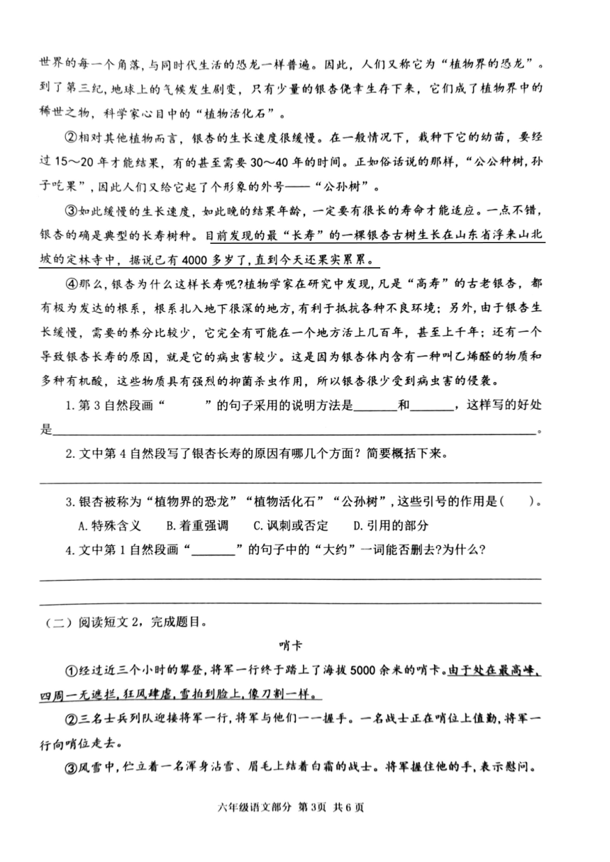 山东省枣庄市滕州市2023-2024学年六年级上学期期中阶段性测试语文试题（图片版 无答案）