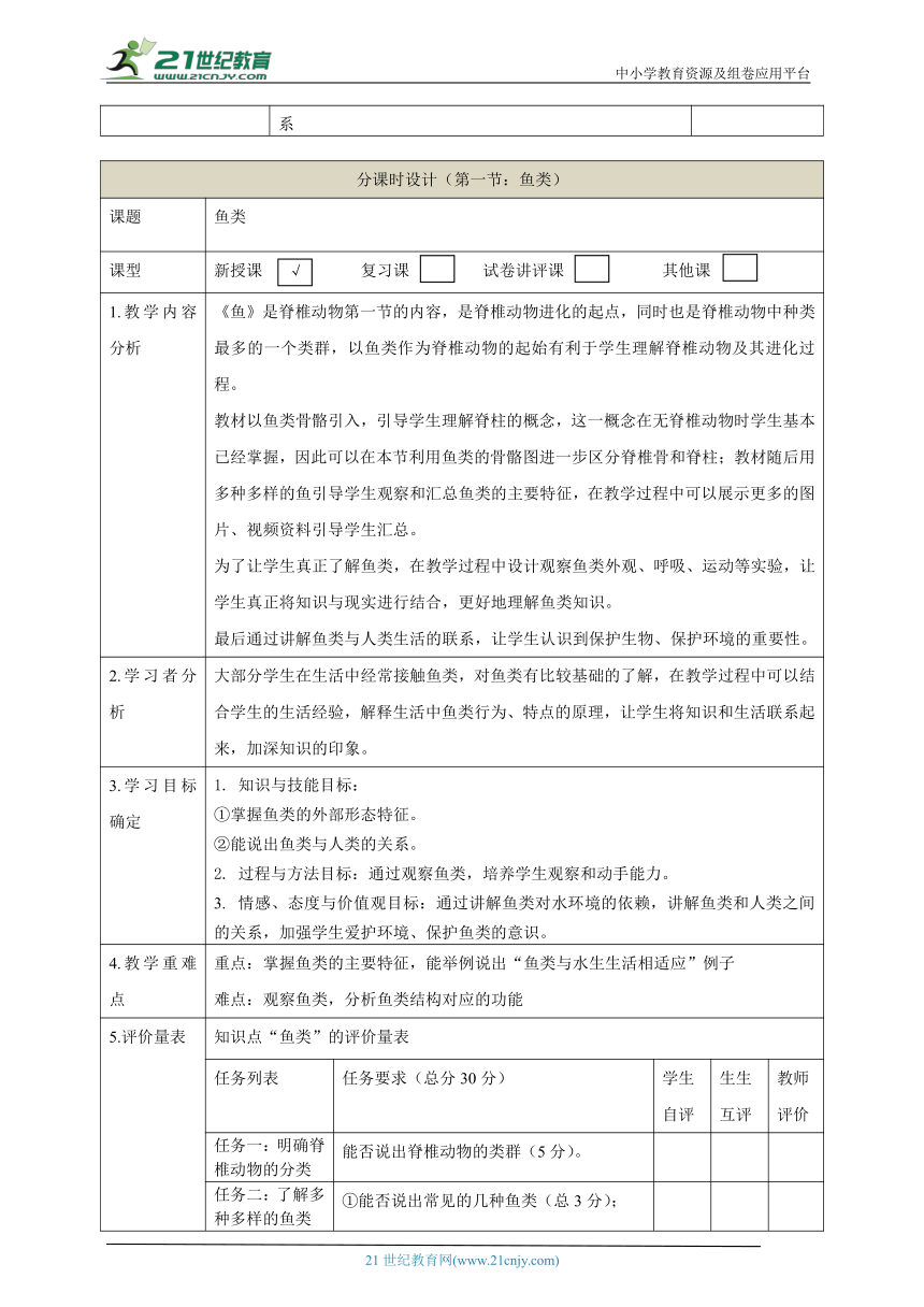 【大单元教学】脊椎动物主图大单元教学设计+教案1鱼--人教版生物八上第五单元第一章