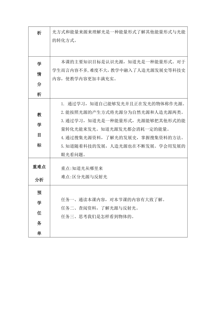 冀人版（2017秋）科学 五年级上册 4.14光从哪里来 教学设计（表格式）