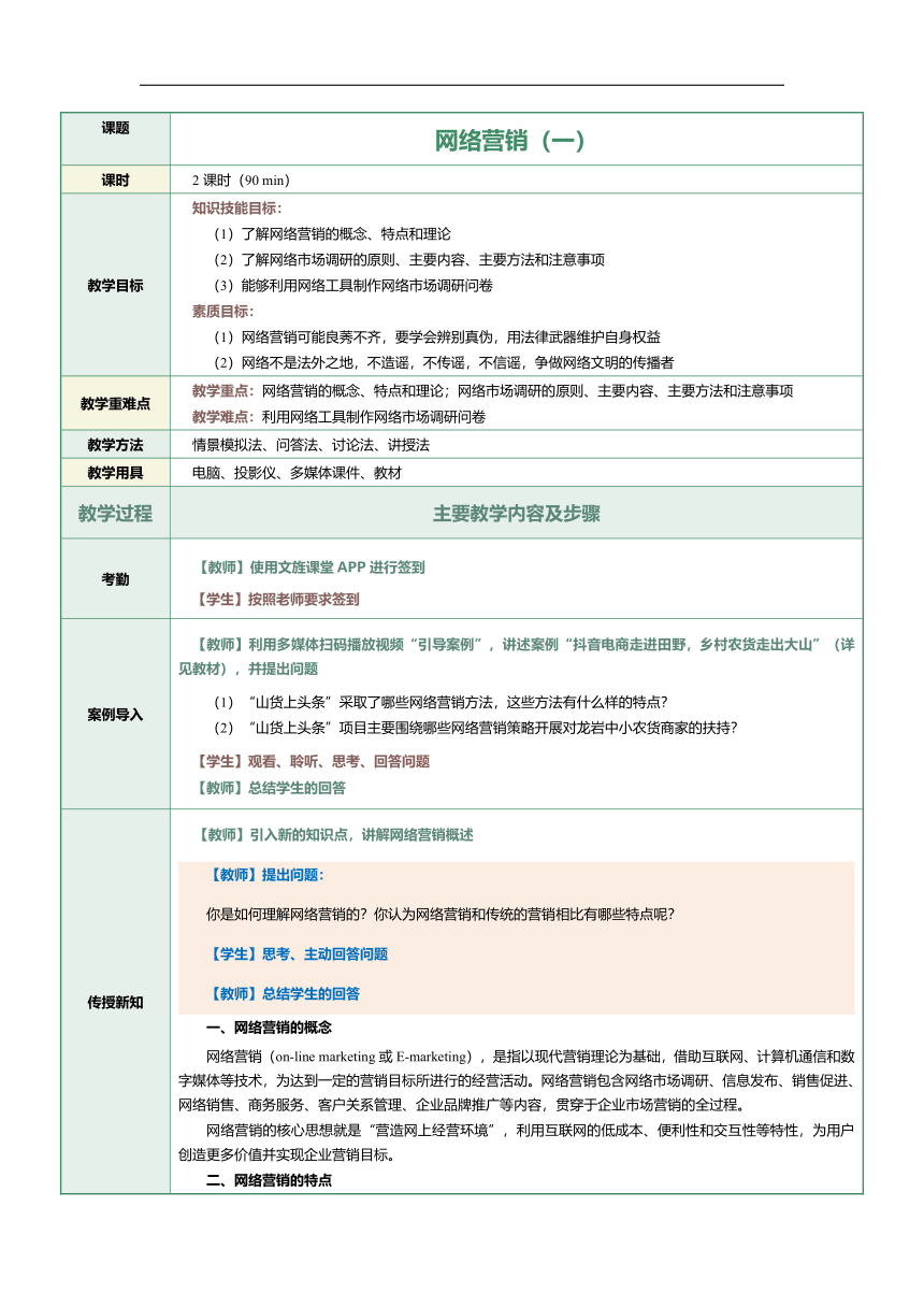 第14课网络营销（一）教案（表格式）《电子商务》（上海交通大学出版社）
