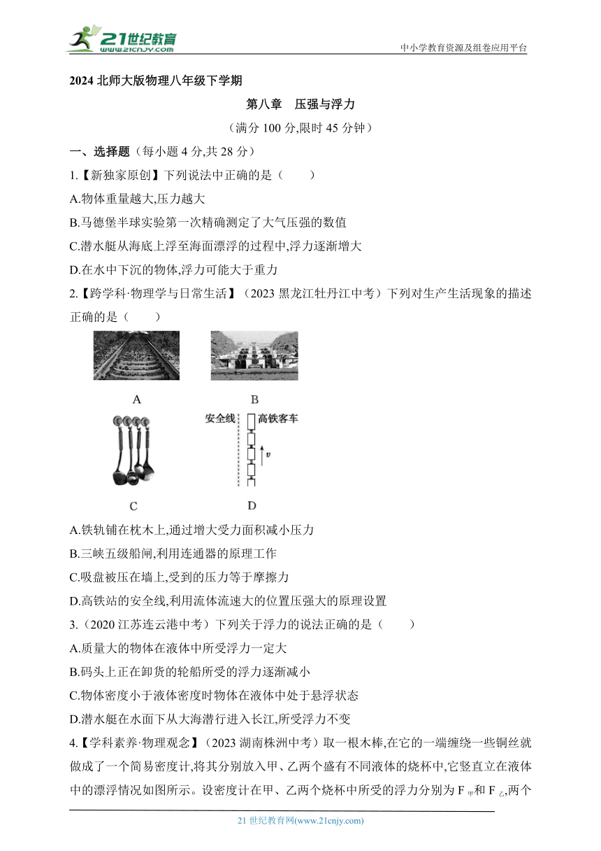 2024北师大版物理八年级下学期--第八章素养综合检测（含解析）