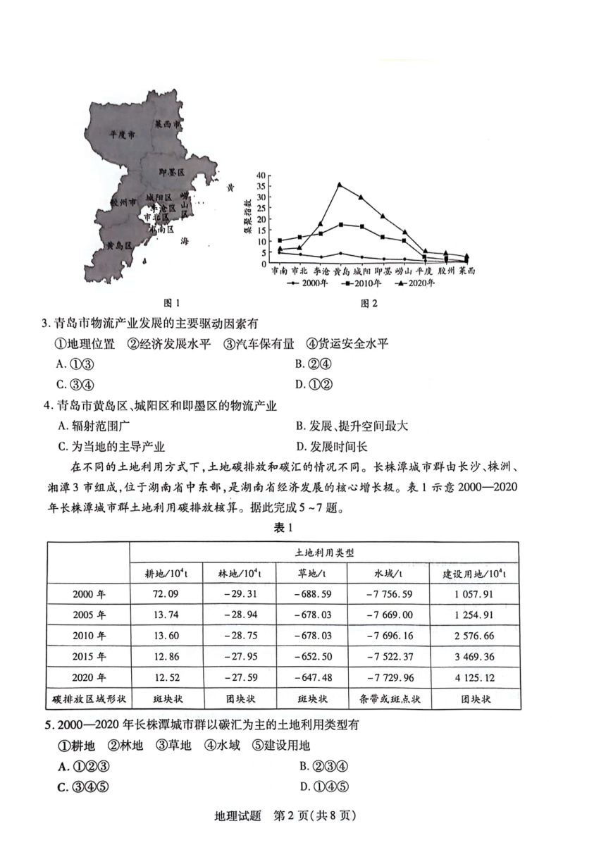 2024届湖南省衡阳市高三第二次联考地理试题（PDF版无答案）