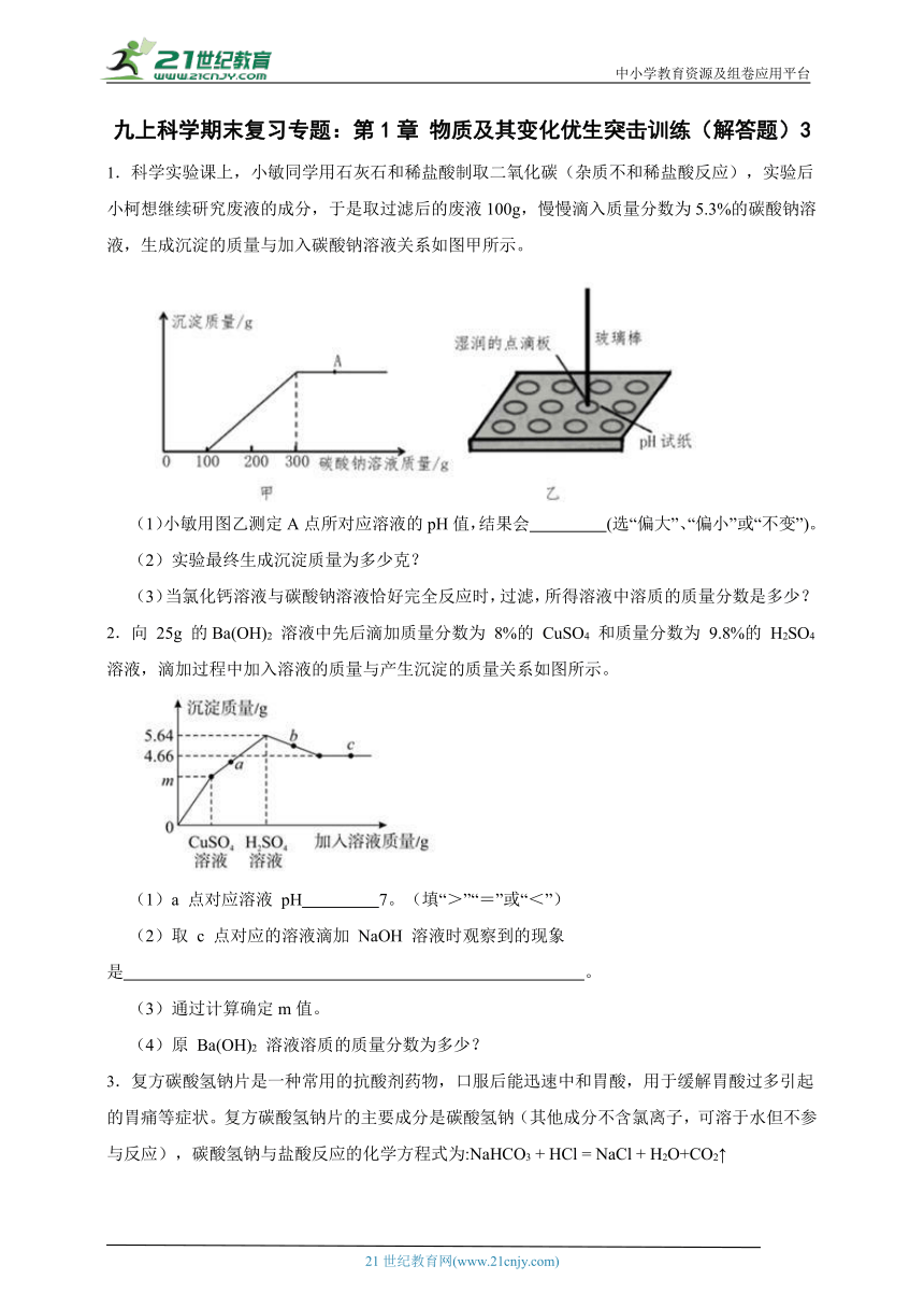 浙教版九上科学期末复习专题：第1章 物质及其变化优生突击训练3（解答题）（含答案）