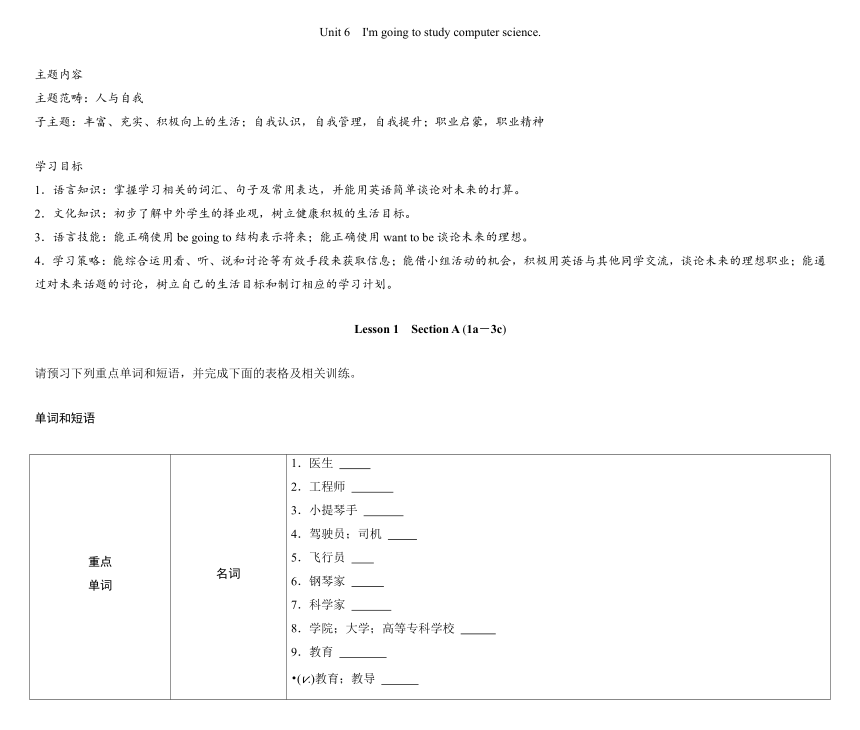 Unit 6 I'm going to study computer science.Section A (1a－3c) 学案2023-2024学年人教版英语八年级上册