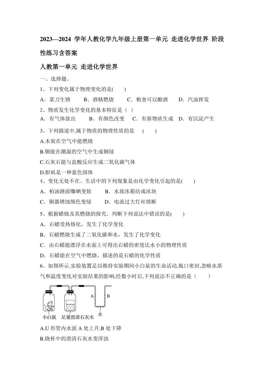 2023—2024学年人教化学九年级上册第一单元 走进化学世界 阶段性练习(含答案)