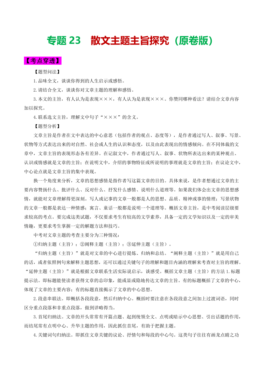 2024年中考语文考前抓大分技法之散文阅读专题23散文主题主旨探究(原卷版+解析版)