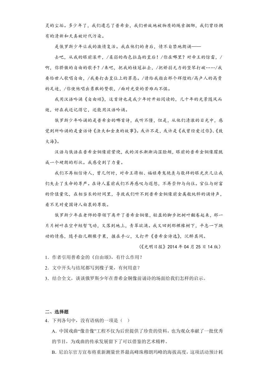 13.2《致大海》同步练习 （含答案）2023-2024学年统编版高中语文选择性必修中册