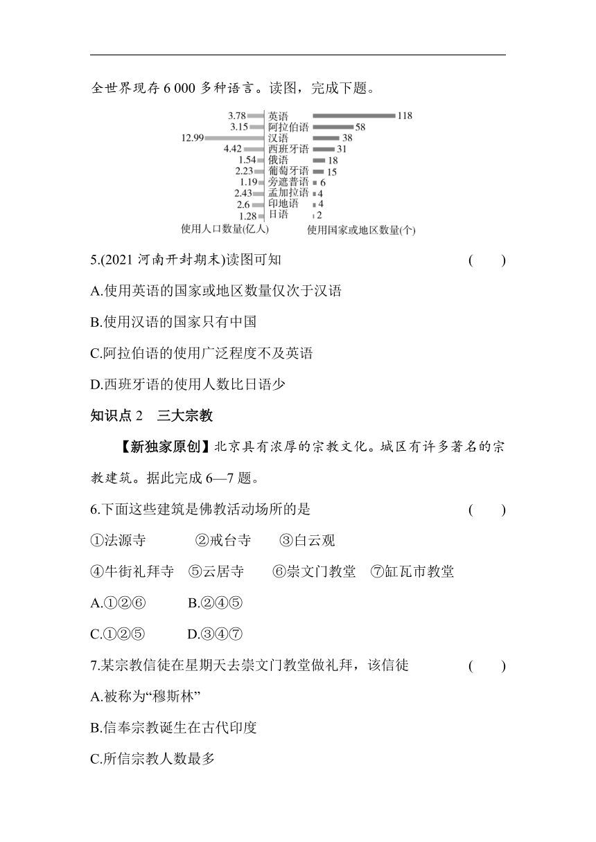 中图版（北京）地理八年级上册3.2语言和宗教素养提升练（含解析）