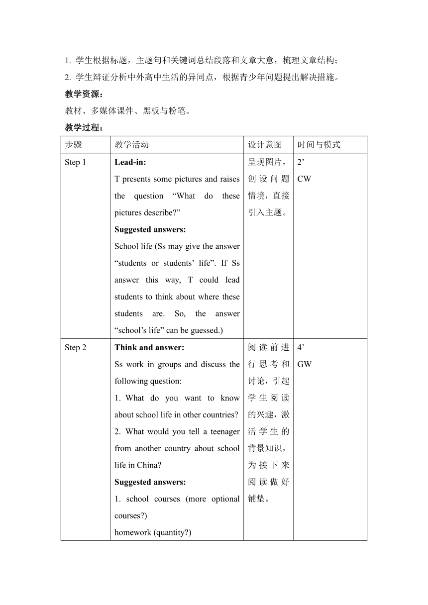 人教版（2019）必修 第一册Unit 1 Teenage life Reading and Thinking教学设计（表格式）