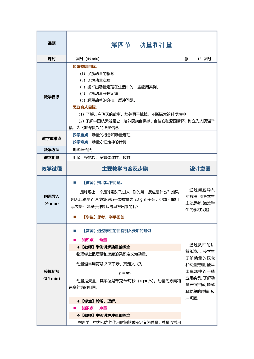 3.4动量和冲量（教案）（表格式）中职《物理（上册）》（上海交通大学出版社）