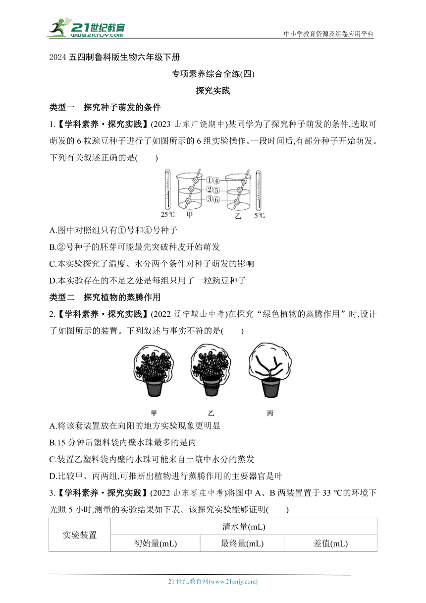 2024五四制鲁科版生物六年级下册--专项（四）探究实践（含解析）