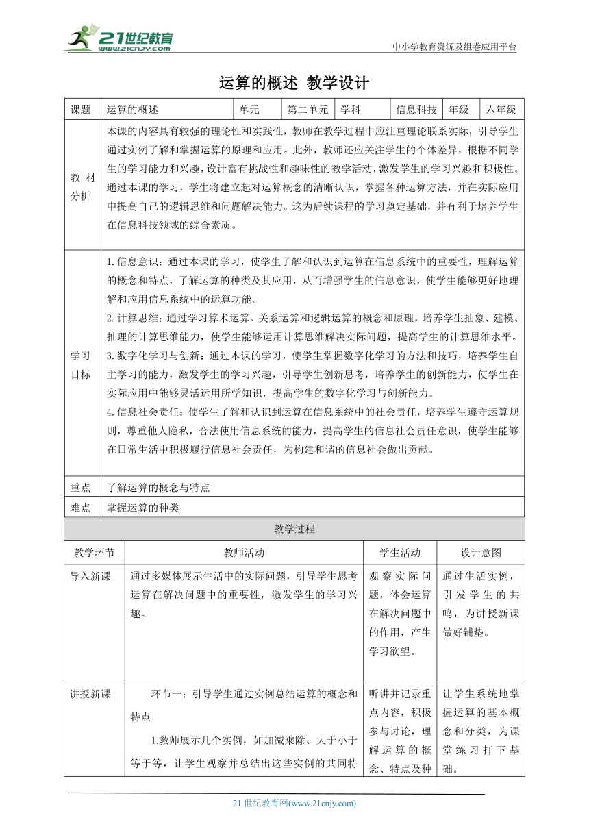 第6课 运算的概述 教案3 六下信息科技 赣科学技术版