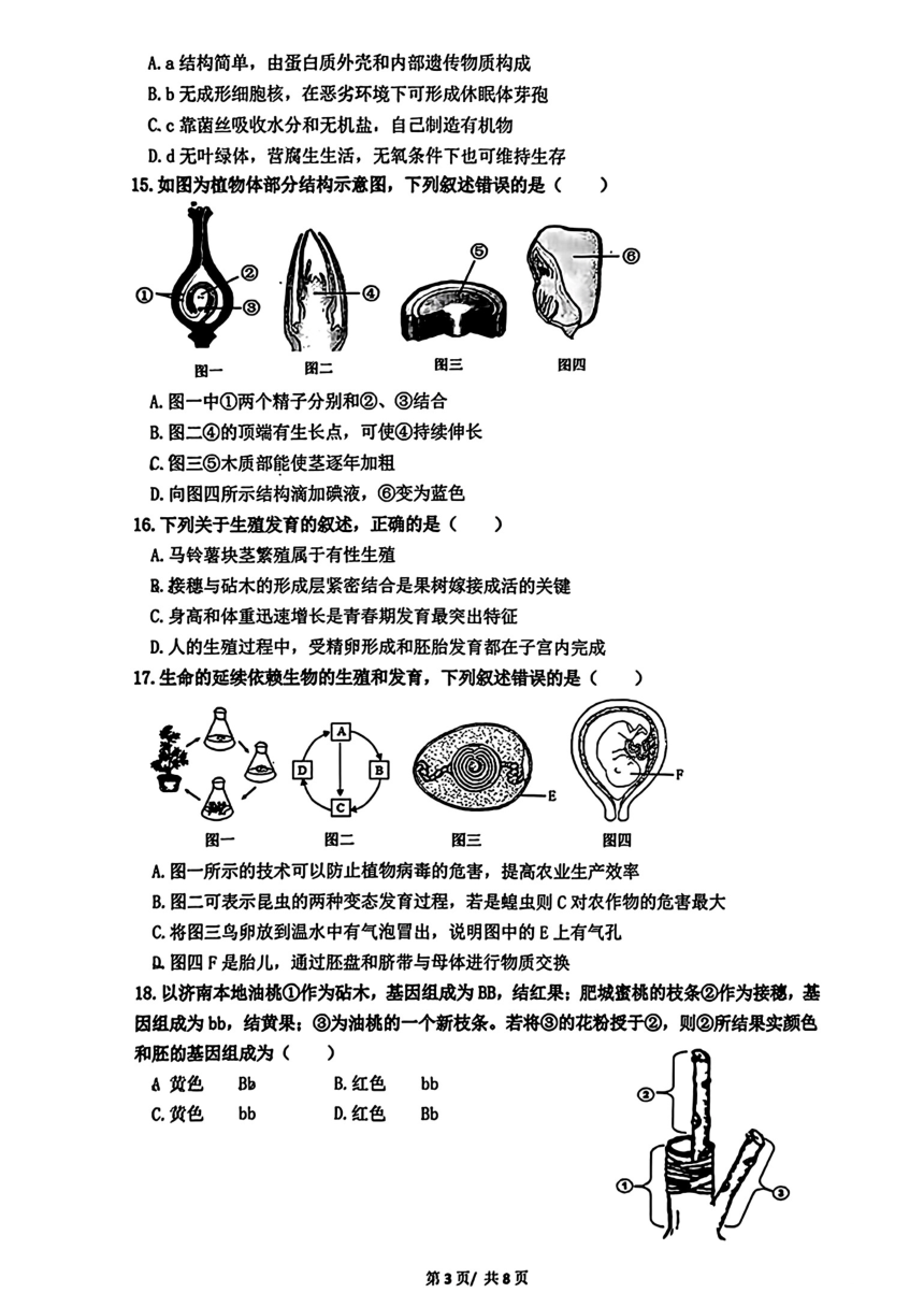 2024年山东省济南市历下区八年级学业水平第一次模拟考试生物试题（PDF版含答案）