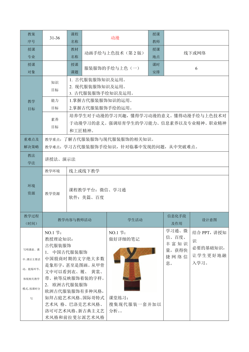 服装服饰的手绘与上色（一）教案（表格式）-《动画手绘与上色技术（第2版）》同步教学（电子工业版）