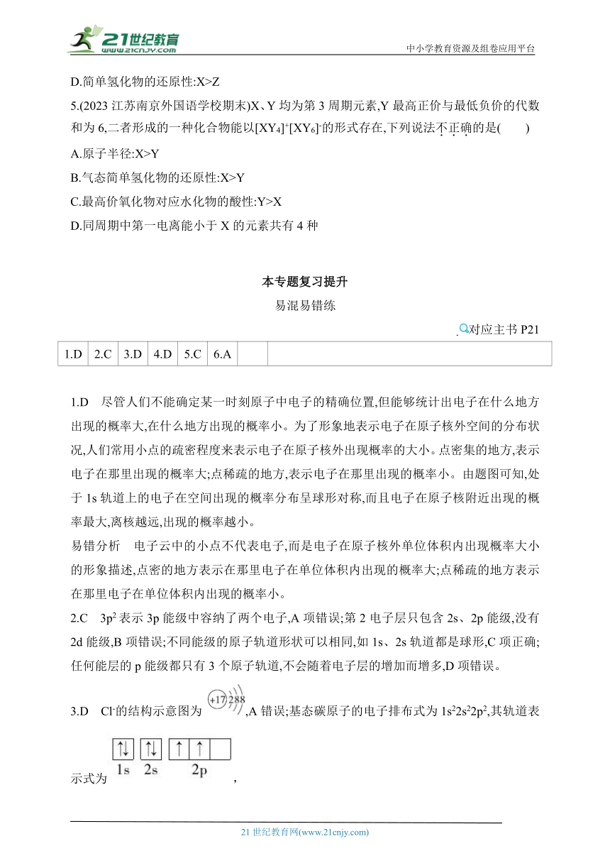 2024苏教版高中化学选择性必修2同步练习题--第2章 原子结构与元素性质复习提升（含解析）