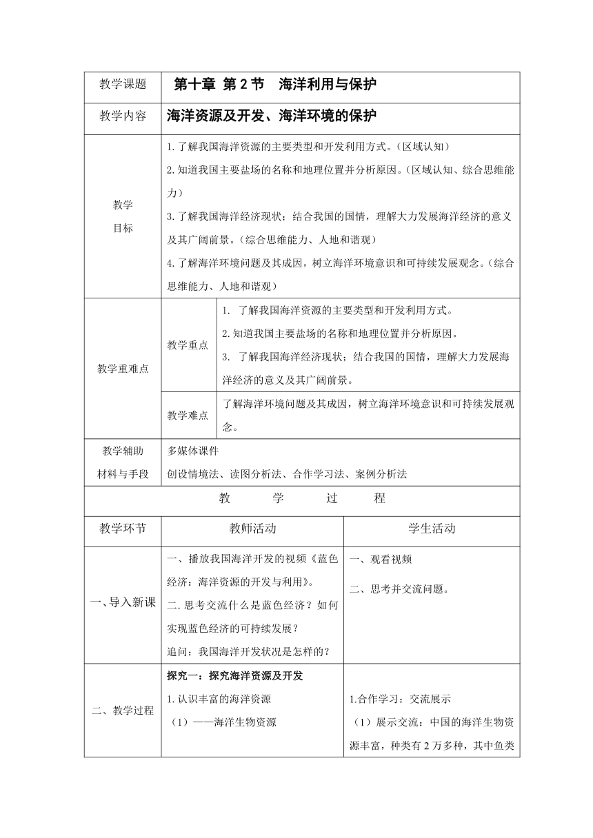 10.2 海洋利用与保护  教案-八年级地理下学期商务星球版（表格式）