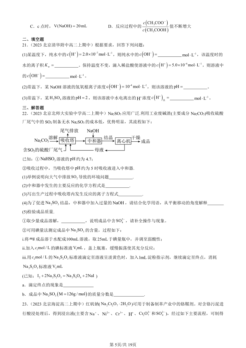 2023北京重点校高二（上）期中化学汇编：水的电离和溶液的pH（含解析）