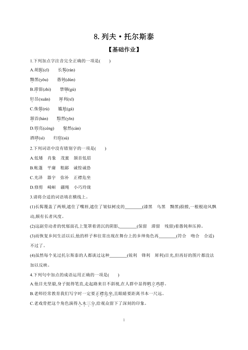 2023-2024学年初中语文部编版八年级上册 课时作业 8 列夫·托尔斯泰（含答案）