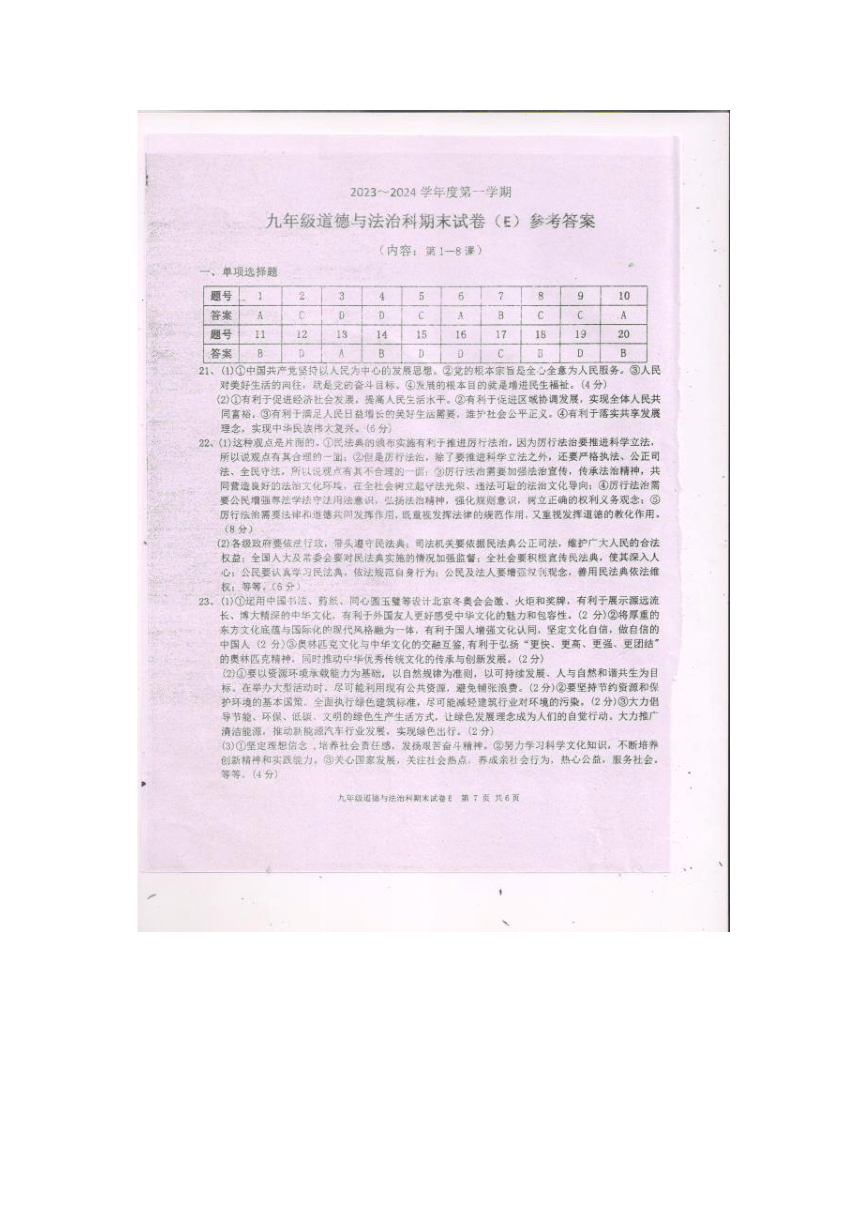 广东省汕头市潮南区2023-2024学年九年级上学期期末道德与法治试卷（图片版含答案）