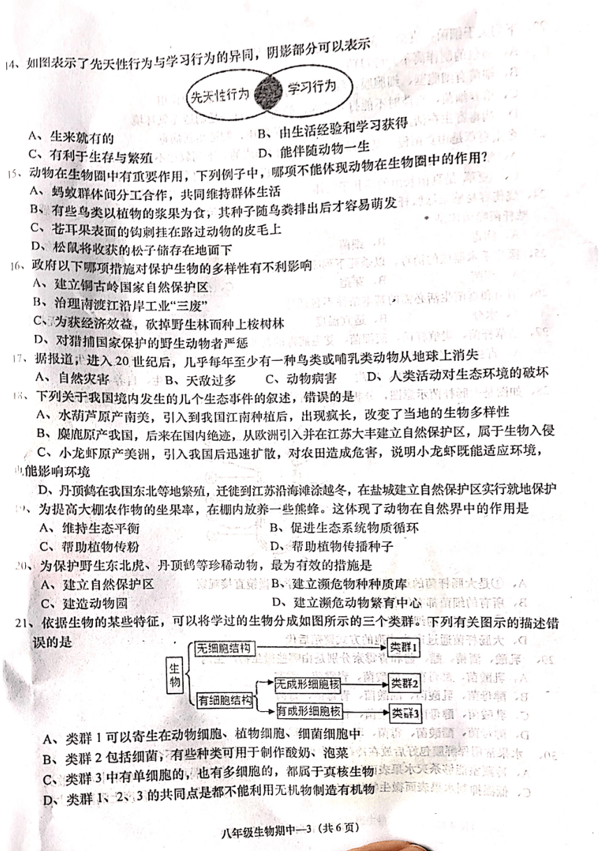 广东省揭阳市惠来县全区2023-2024学年八年级上学期生物期中测试卷（PDF版，无答案）