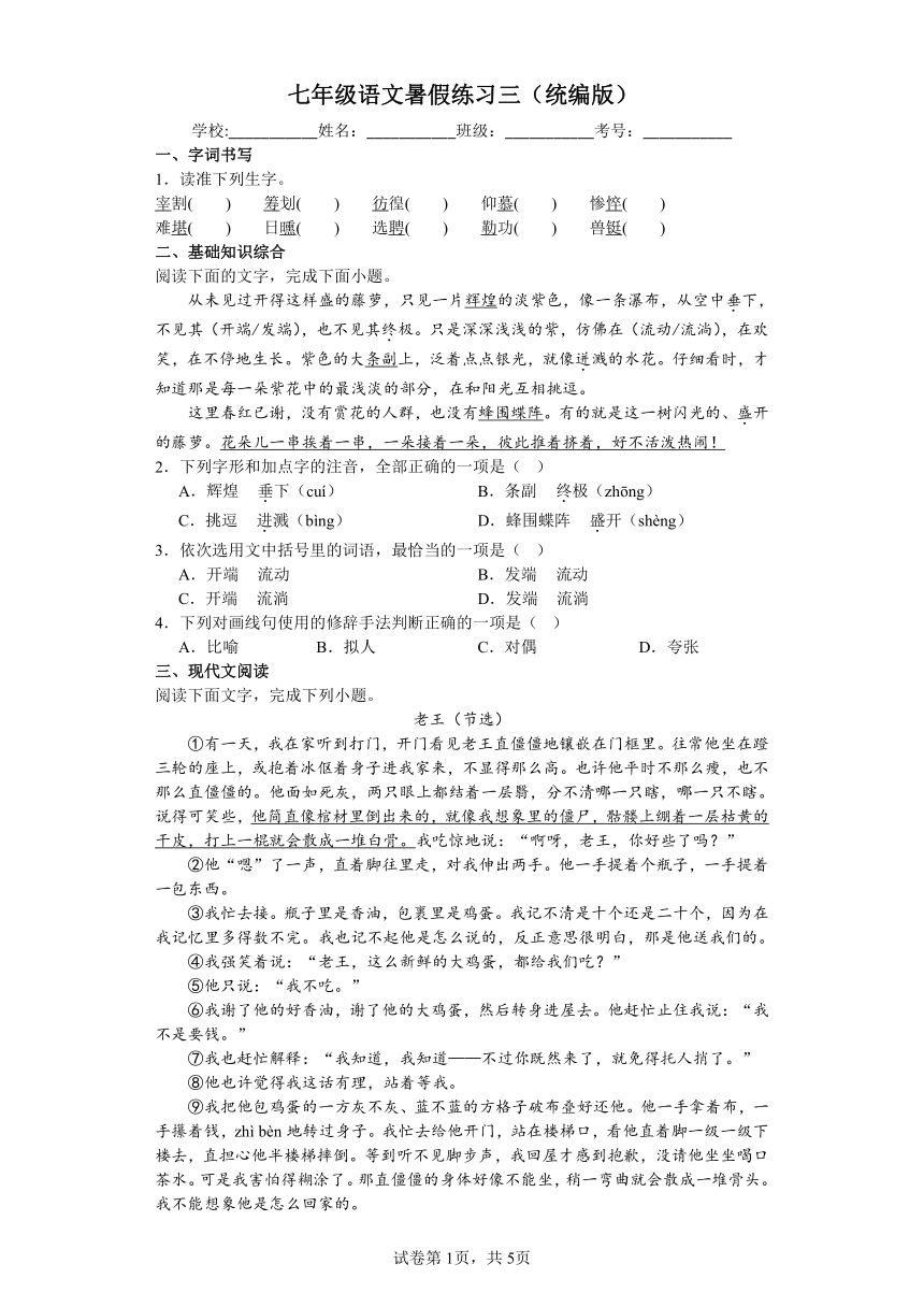 七年级语文暑假练习三（统编版）（含答案）