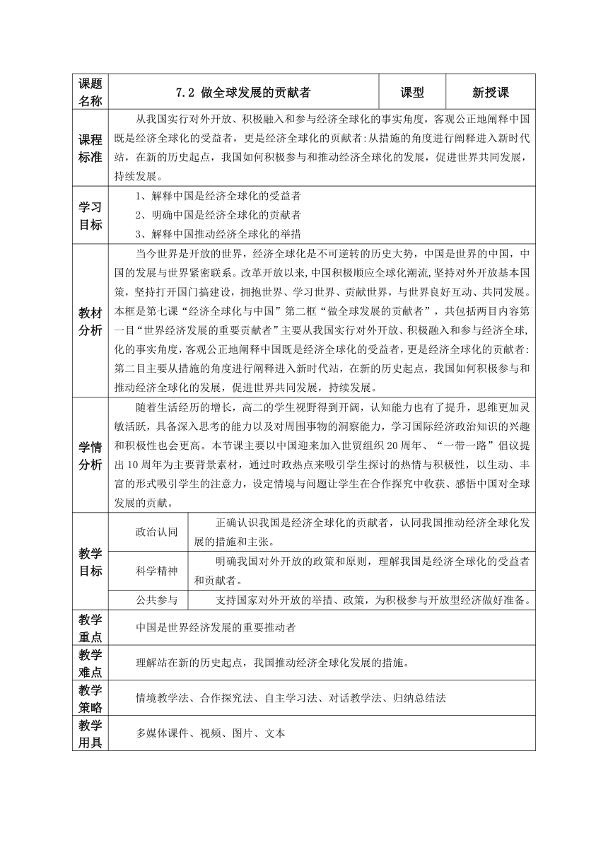 7.2 做全球发展的贡献者 教案-2023-2024学年高中政治统编版选择性必修一当代国际政治与经济