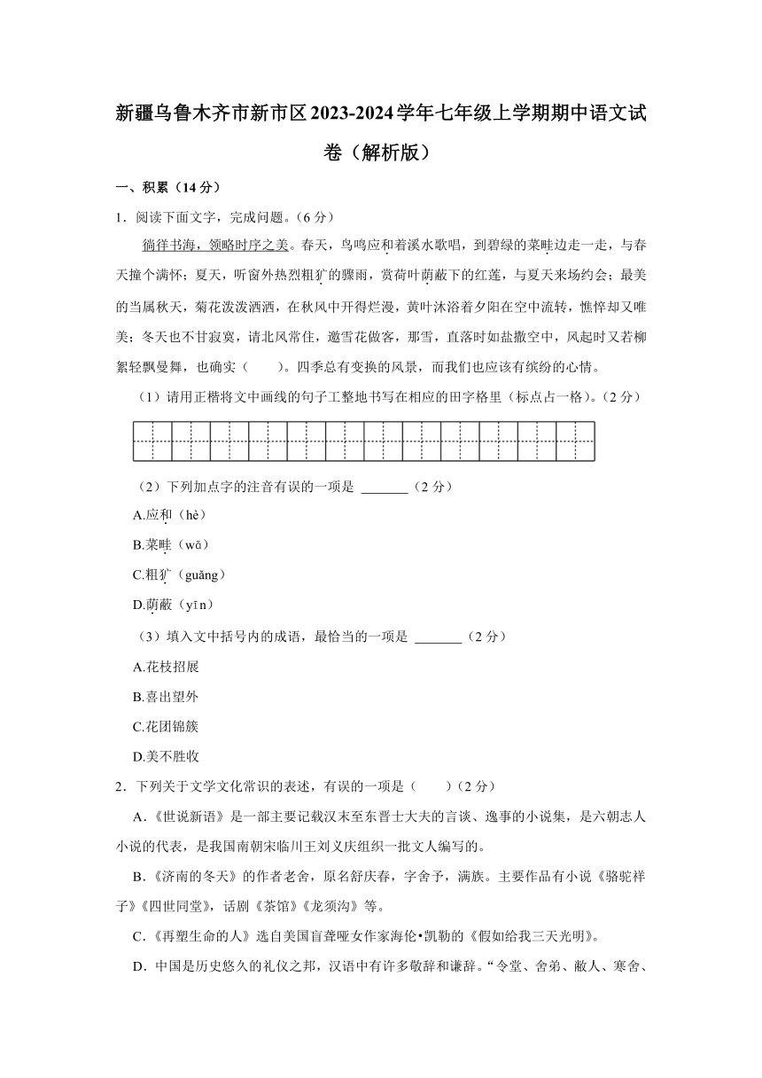 新疆乌鲁木齐市新市区2023-2024学年七年级上学期期中语文试卷（含解析）