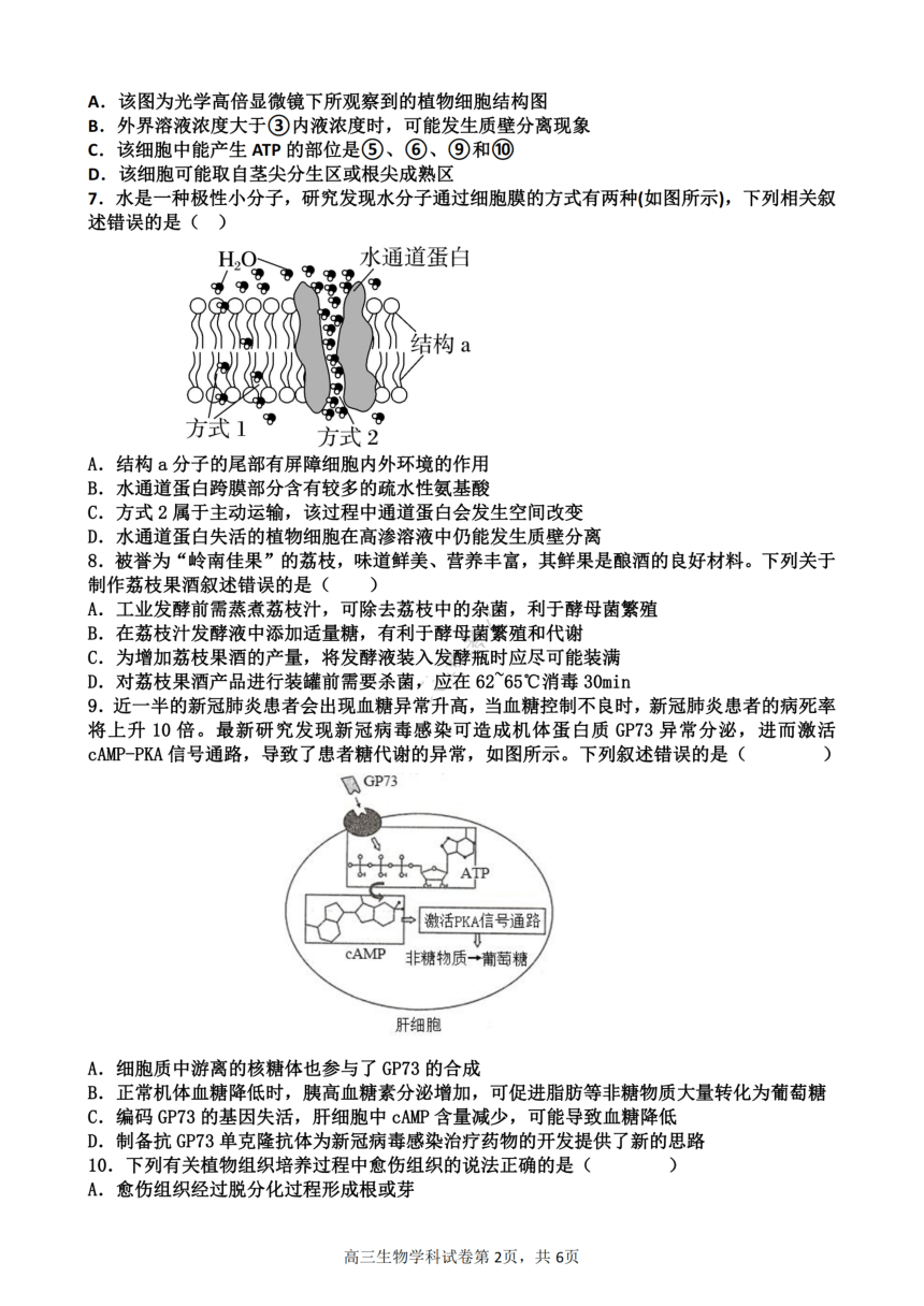 天津市武清区杨村第一高级中学校2023-2024学年高三上学期开学学业质量检测生物学试卷（扫描版含答案）