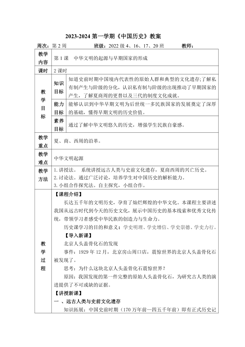 第1课 中华文明的起源与早期国家的形成 教案（表格式）2023-2024学年中职高一上学期高教版（2023）中国历史全一册