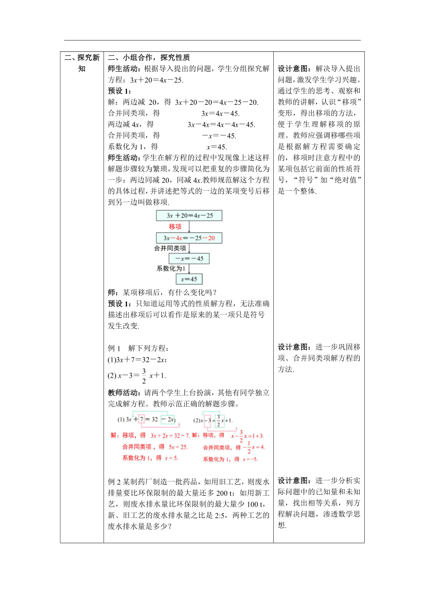 【核心素养目标】人教版数学七年级上册3.2 第2课时 用移项的方法解一元一次方程 教案 （表格式）